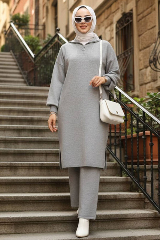Gray Knit Tunic & Wide-Leg Trouser Set - Chaddors