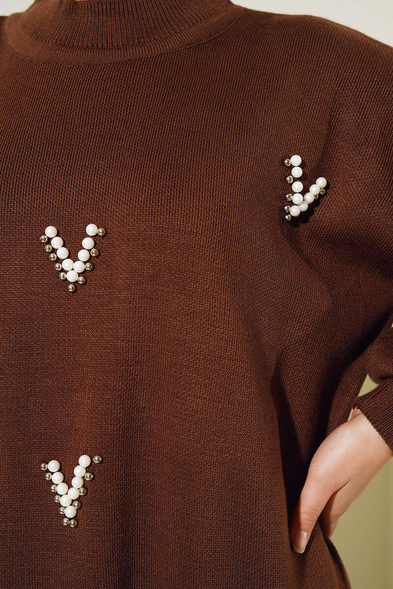 Brown Pearls Detail Knitted Co-ord