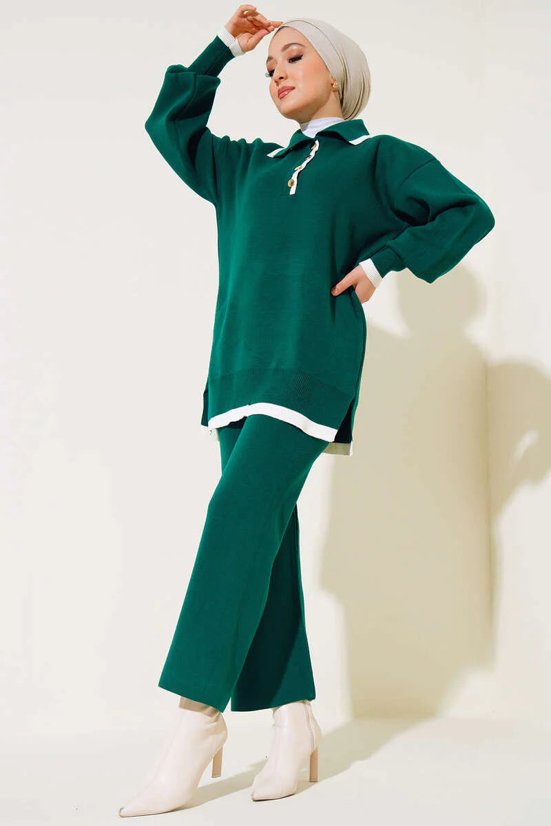 Green Classic Collar Knitted Co-ord - Chaddors