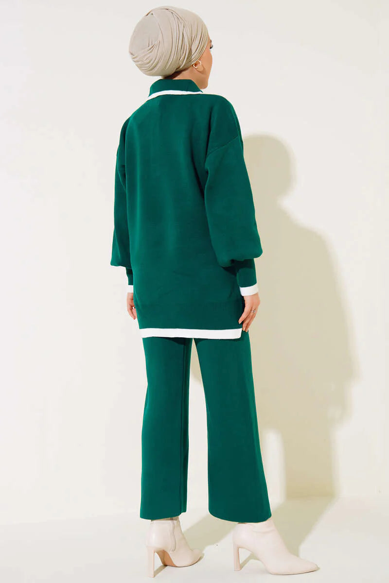 Green Classic Collar Knitted Co-ord - Chaddors