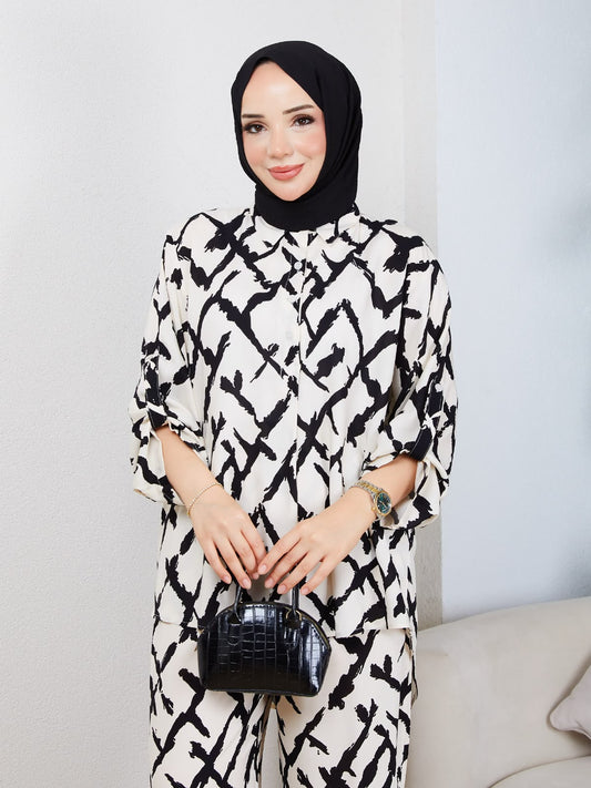 White Abstract Print Two‑Piece Co‑ord Set - Chaddors