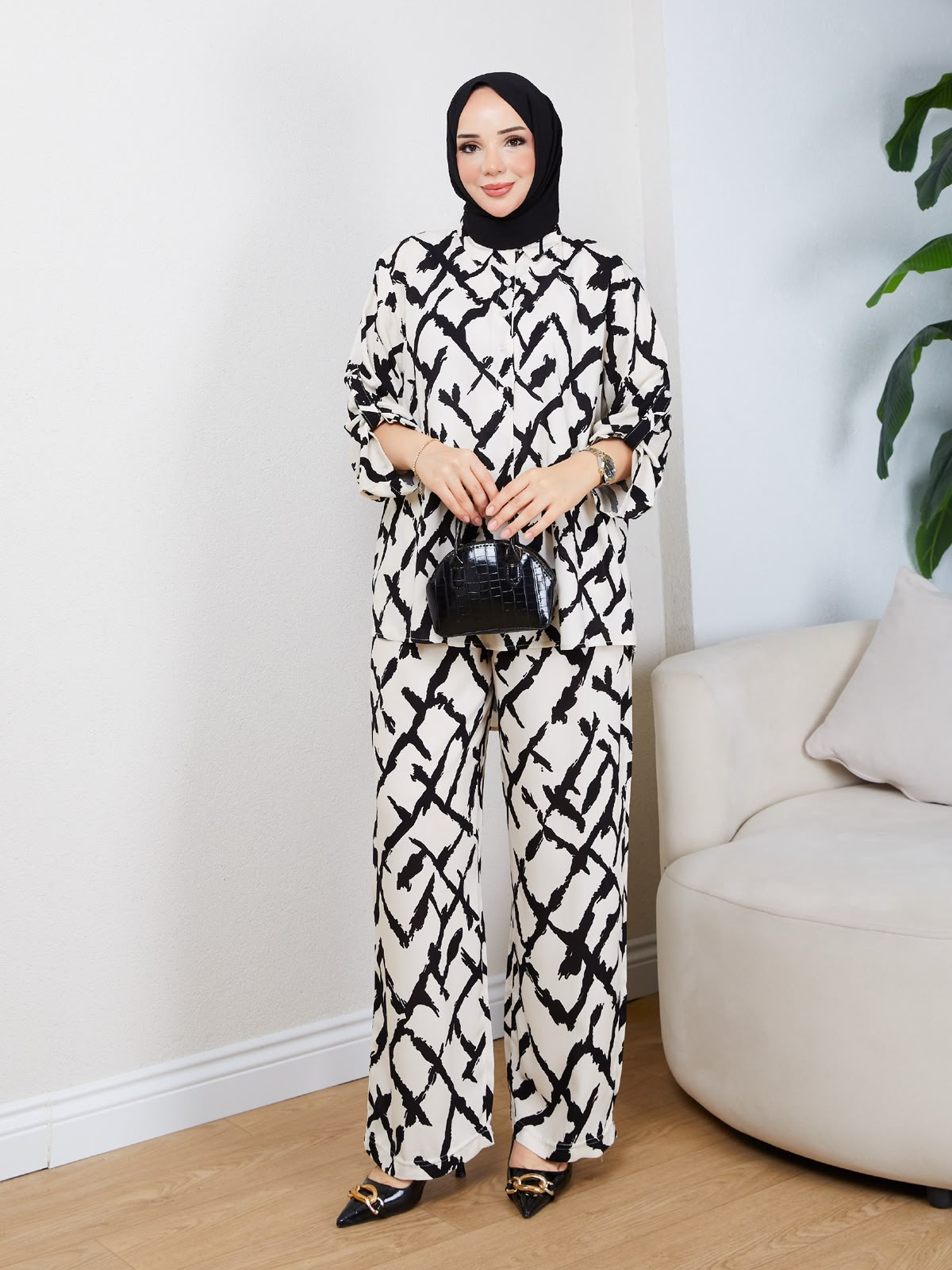White Abstract Print Two‑Piece Co‑ord Set - Chaddors