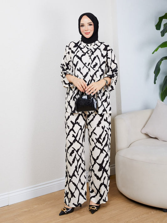 White Abstract Print Two‑Piece Co‑ord Set - Chaddors
