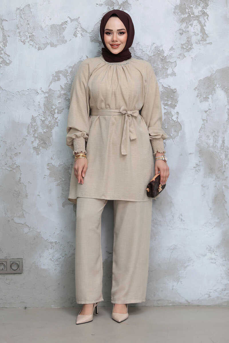 Modest Beige Belted Dual Set