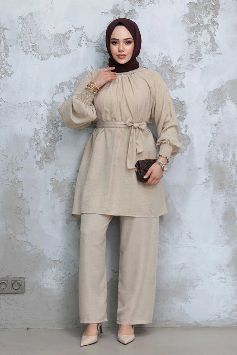 Modest Beige Belted Dual Set