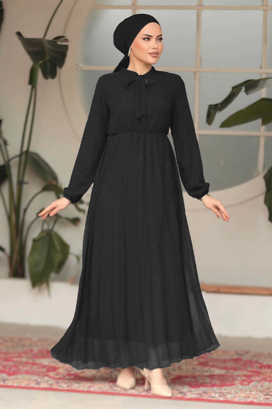 Black with Tie Collar Turkish Dress