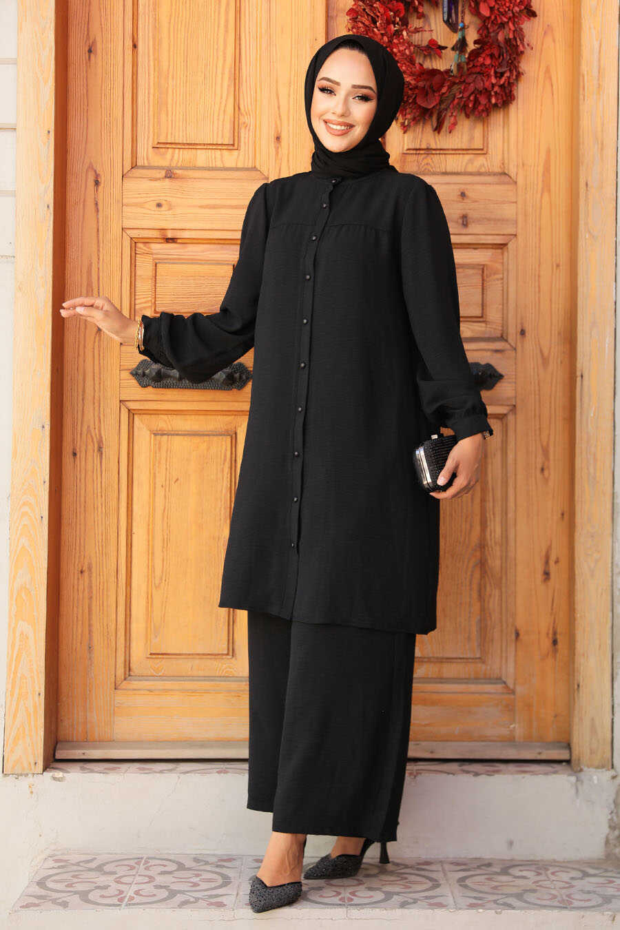 Black Polyester‑Cotton Tunic & Trousers Set