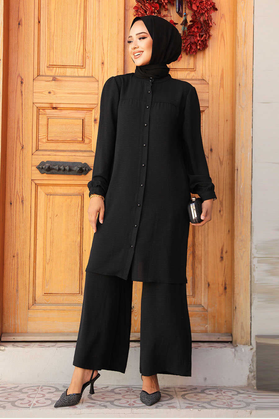 Black Polyester‑Cotton Tunic & Trousers Set
