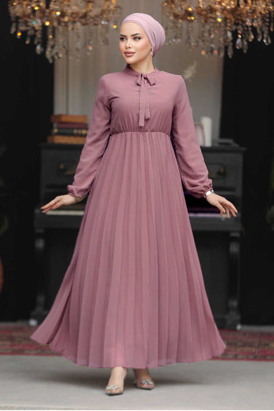 Pink with Tie Collar Turkish Dress