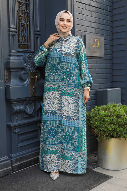 Blue Print Front Open Dress - Chaddors