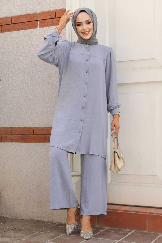 Gray Polyester‑Cotton Tunic & Trousers Set - Chaddors