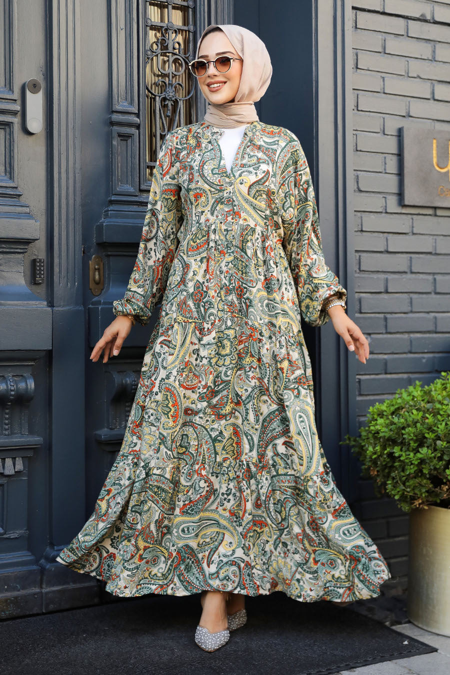 Beige Paisley Viscose Maxi Dress - Chaddors
