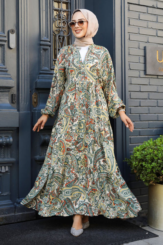 Beige Paisley Viscose Maxi Dress - Chaddors
