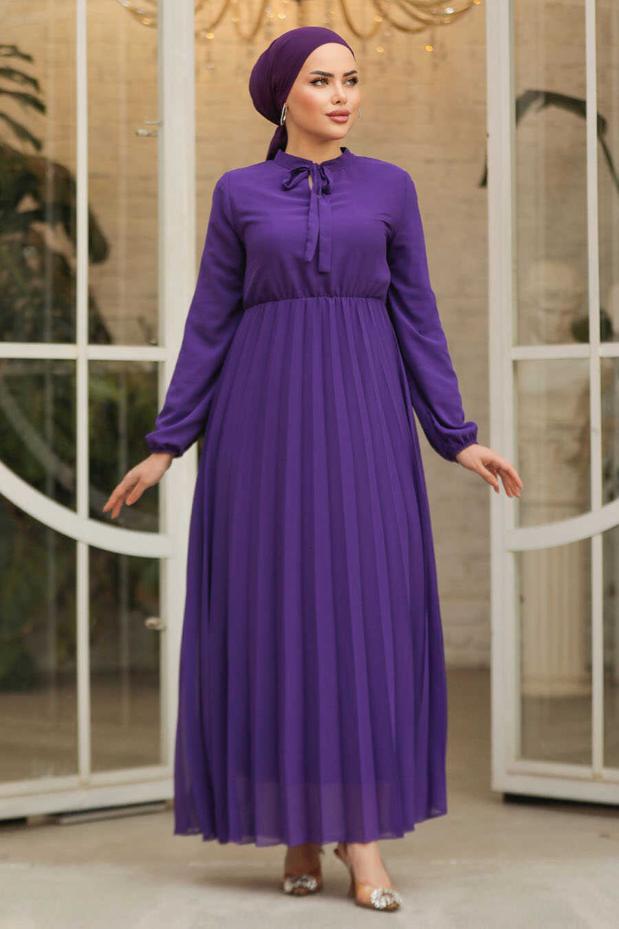 Purple with Tie Collar Turkish Dress