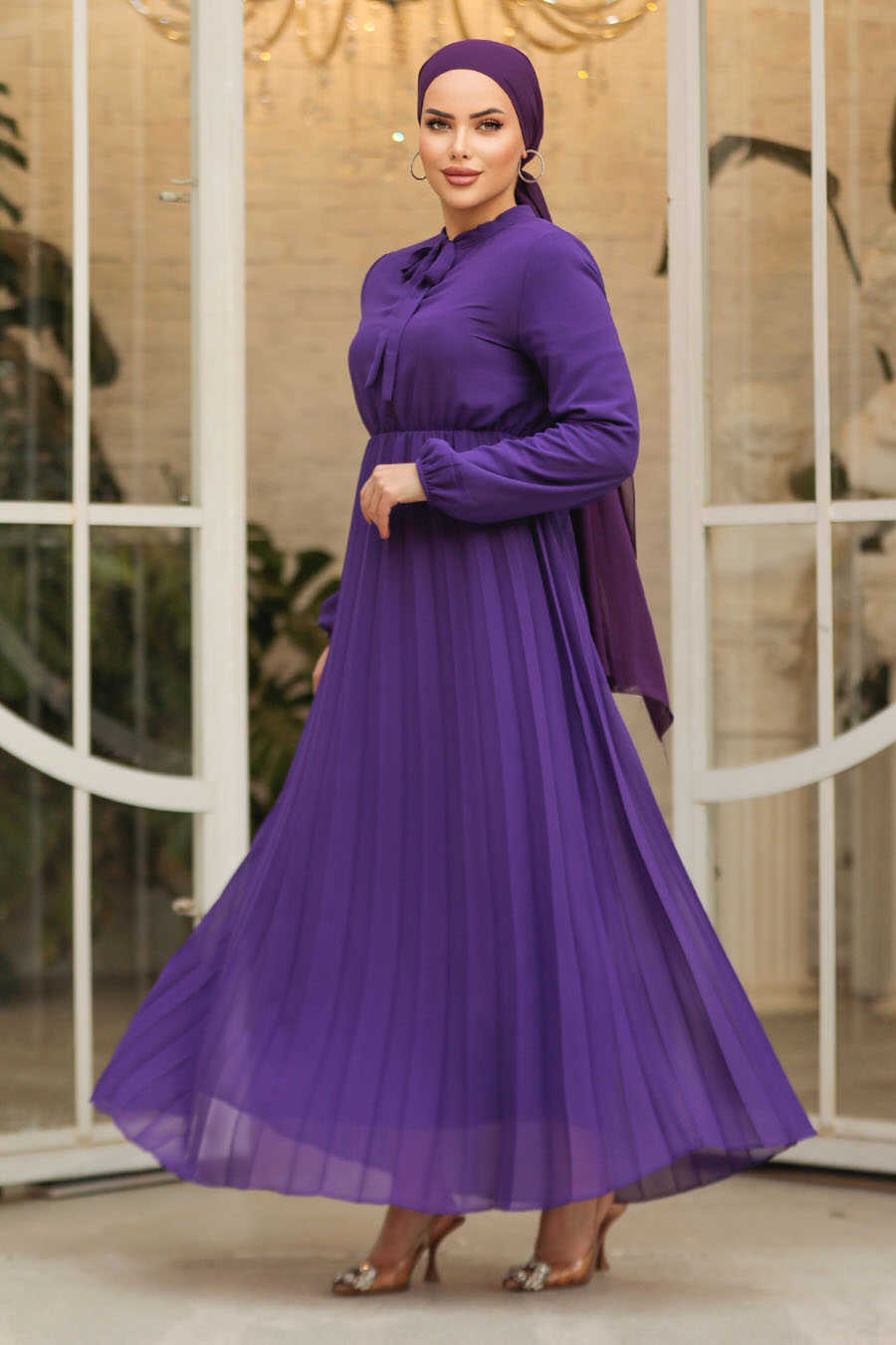 Purple with Tie Collar Turkish Dress