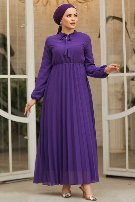 Purple with Tie Collar Turkish Dress