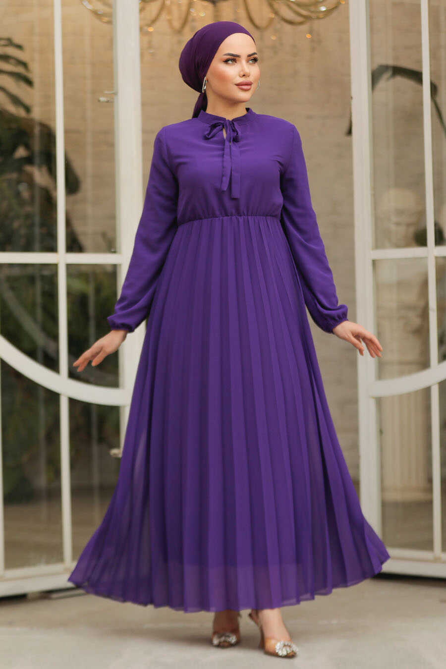 Purple with Tie Collar Turkish Dress