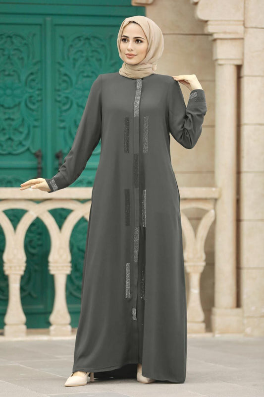 Bead Detail Gray Turkish Abaya