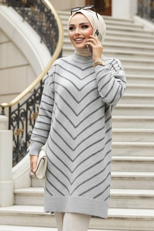 Light Gray Striped Tunic Sweater