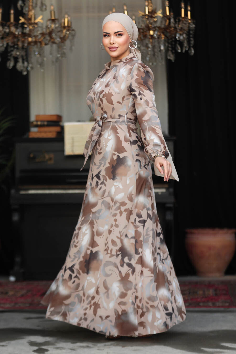 Beige Printed Turkish Dress - Chaddors