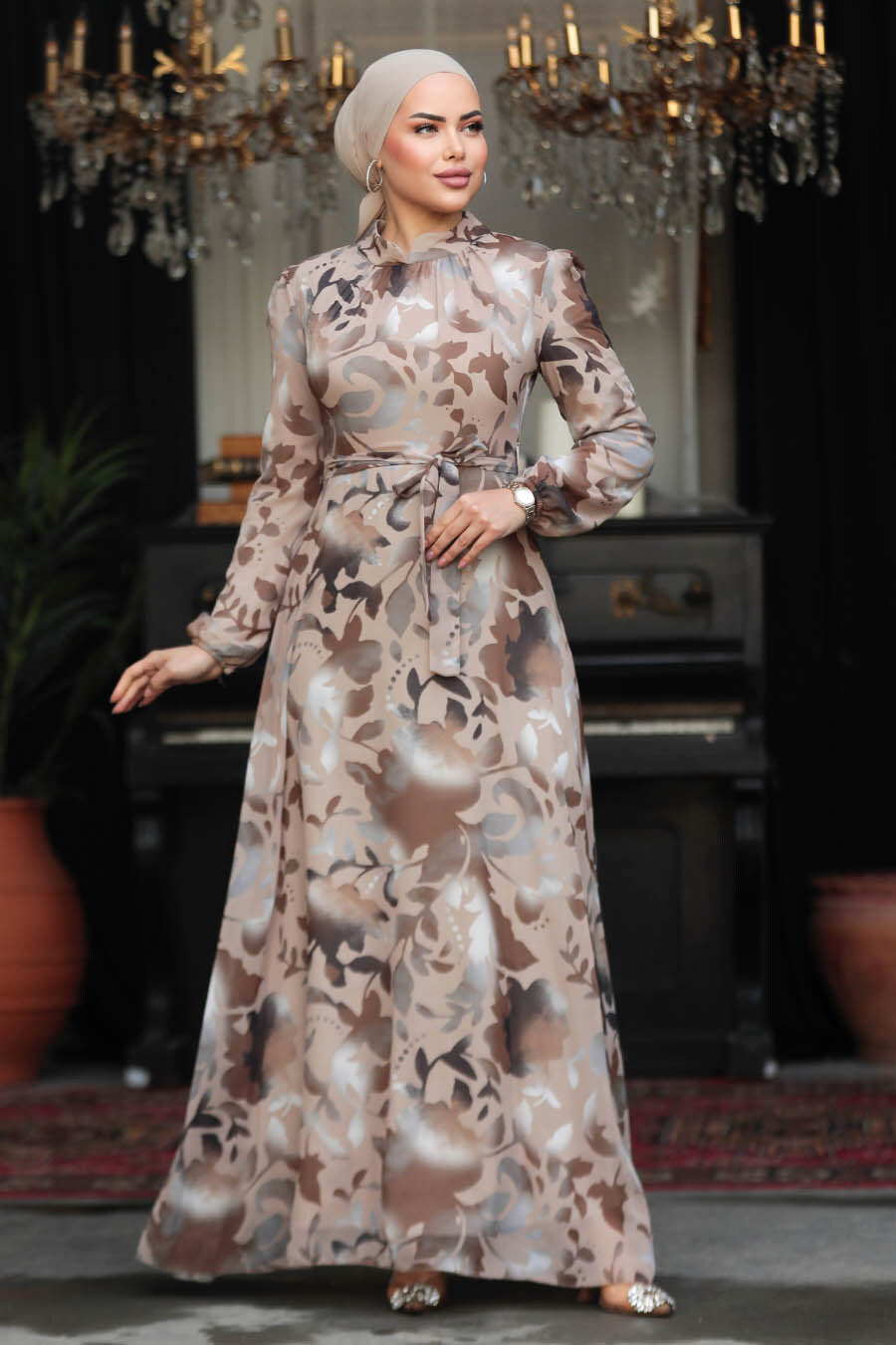 Beige Printed Turkish Dress - Chaddors