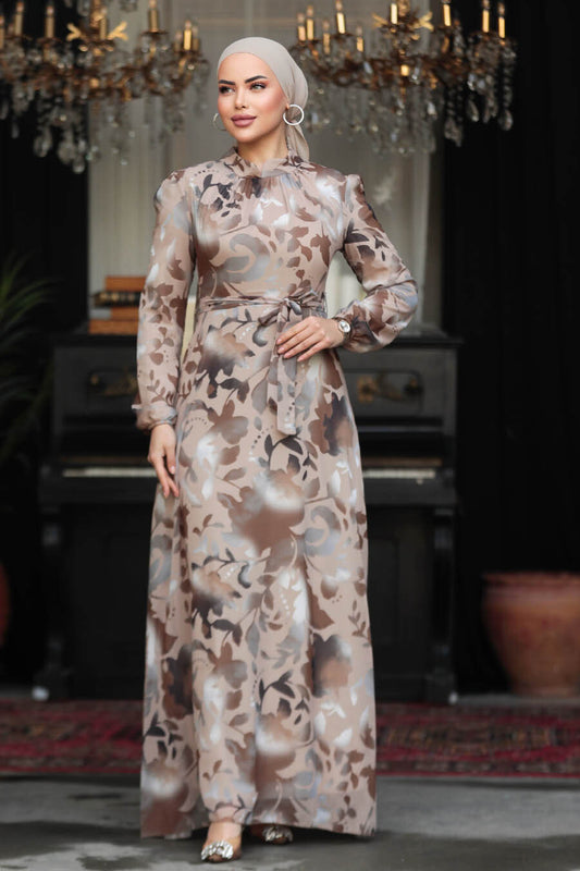 Beige Printed Turkish Dress - Chaddors