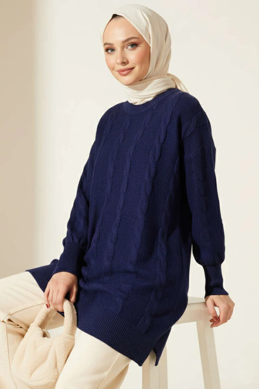 Navy Cable Design Embossed Soft Knit Tunic - Chaddors