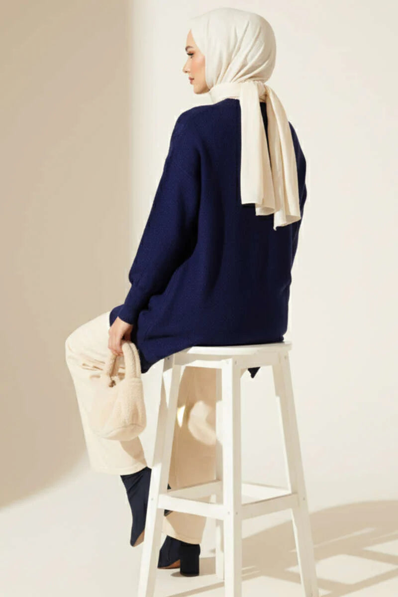 Navy Cable Design Embossed Soft Knit Tunic - Chaddors