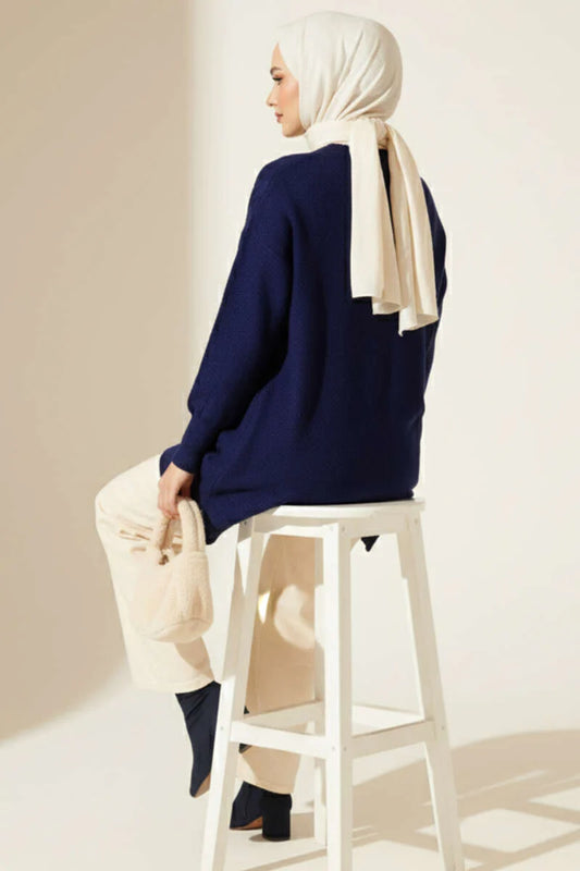 Navy Cable Design Embossed Soft Knit Tunic - Chaddors