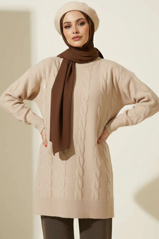Latte Cable Design Embossed Soft Knit Tunic - Chaddors