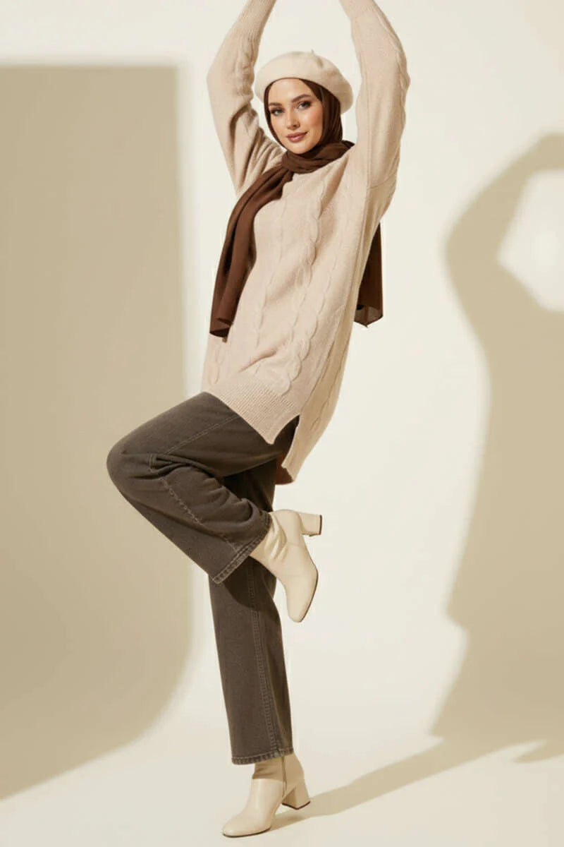 Latte Cable Design Embossed Soft Knit Tunic - Chaddors