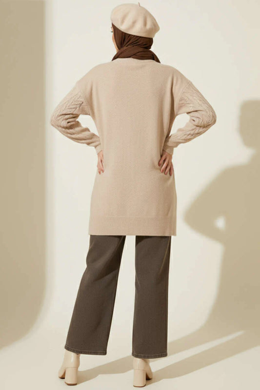 Latte Cable Design Embossed Soft Knit Tunic - Chaddors