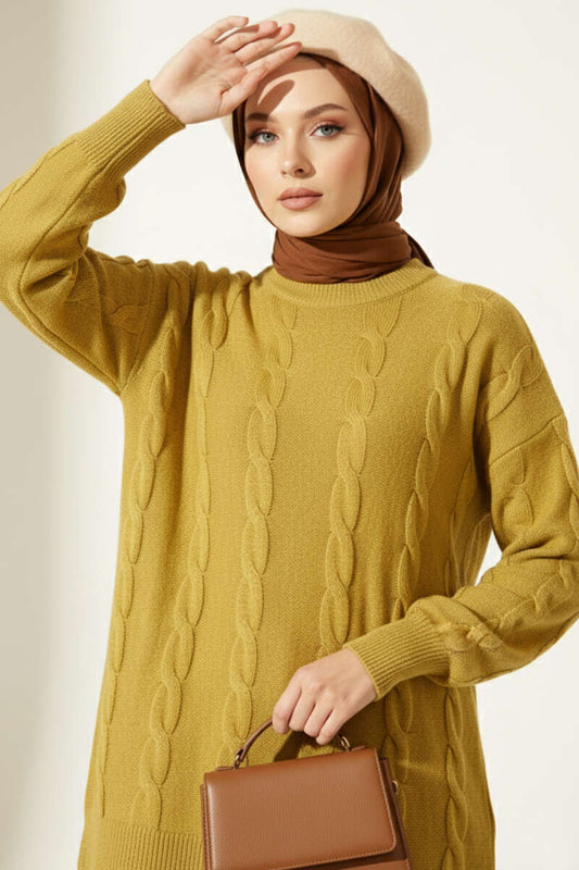 Oil Green Cable Design Embossed Soft Knit Tunic - Chaddors