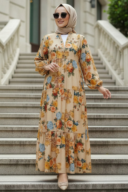 Beige Viscose Layered Pleated Dress - Chaddors