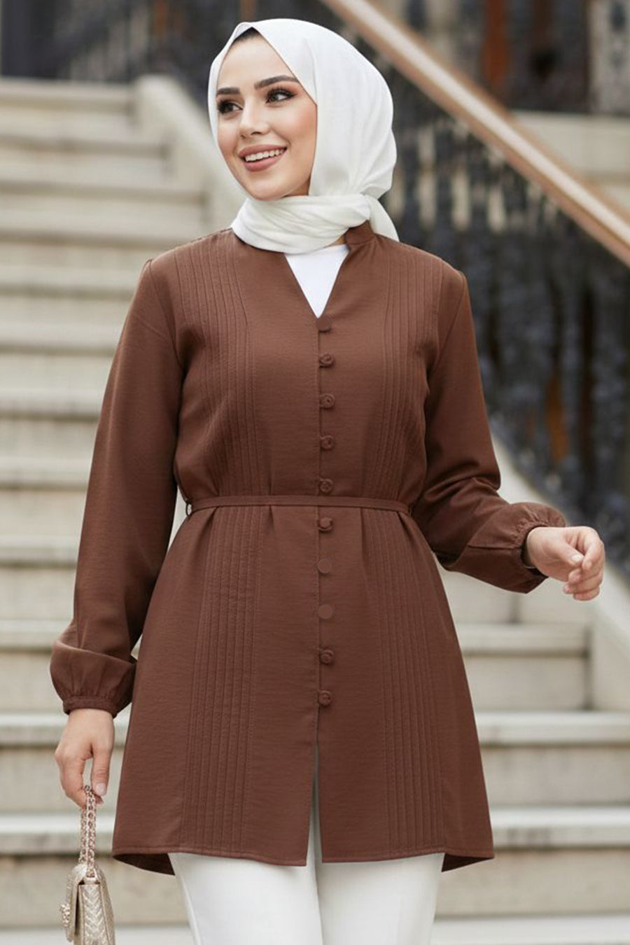 Brown Poplin Pleated Modest Tunic