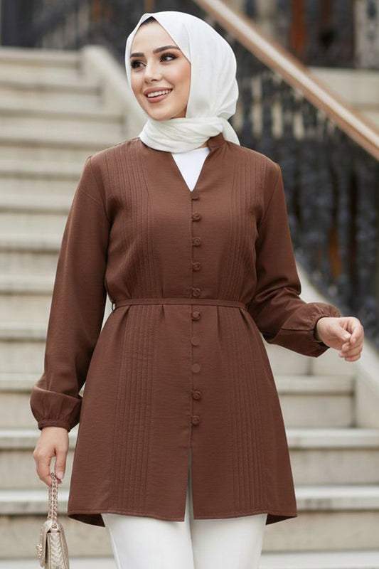 Brown Poplin Pleated Modest Tunic - Chaddors