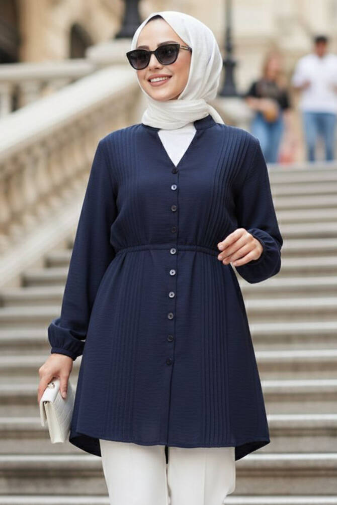 Navy Poplin Pleated Modest Tunic