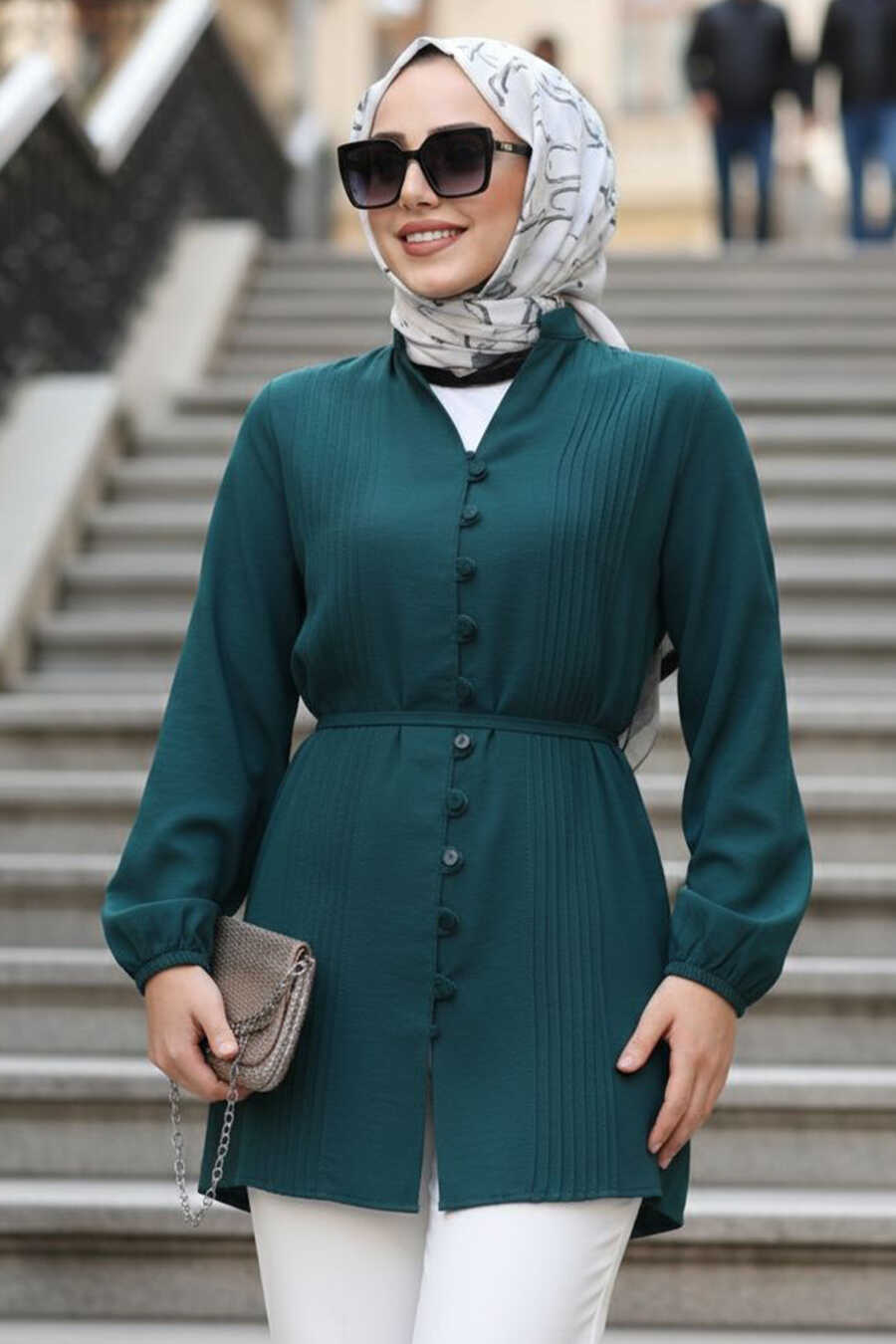 Petrol Green Poplin Pleated Modest Tunic