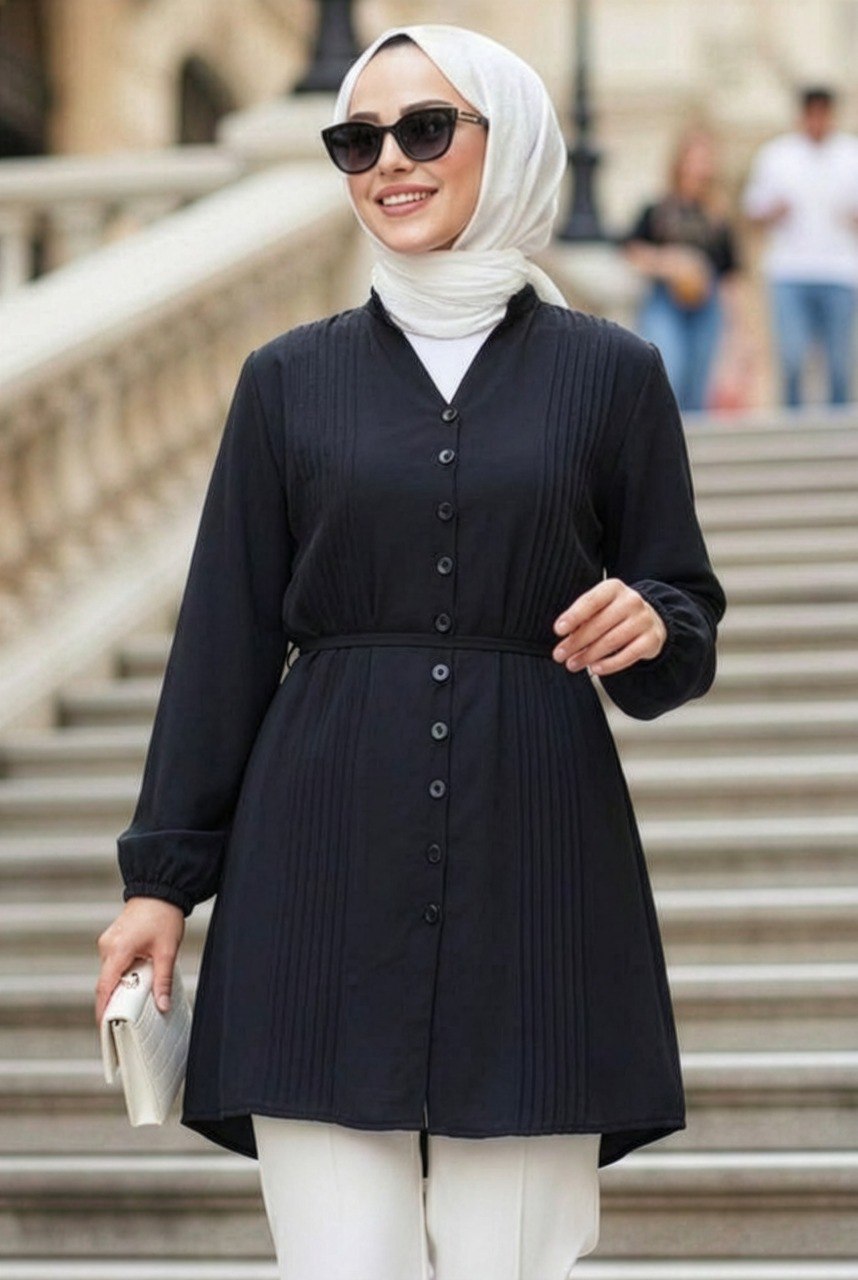 Black Poplin Pleated Modest Tunic