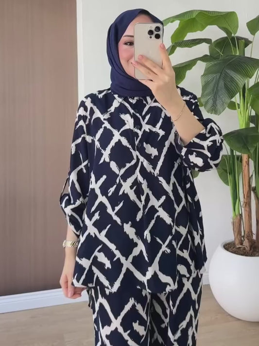 Navy Abstract Print Two‑Piece Co‑ord Set