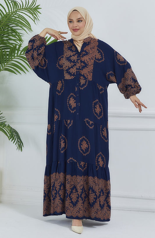 Navy Balloon Sleeves Dress