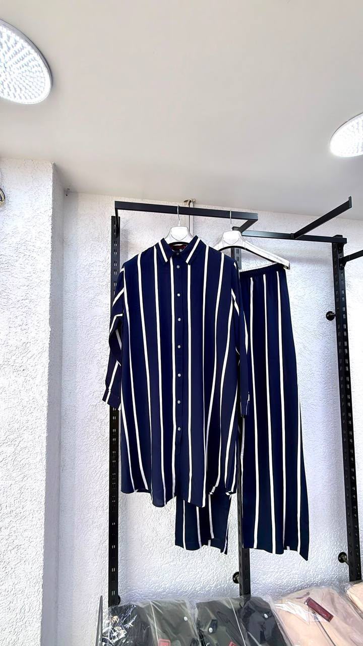 Navy & White Striped Viscose Co‑ord Set - Chaddors