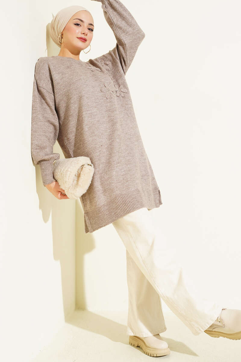 Mink Floral Embroidered Soft Knit Tunic - Chaddors