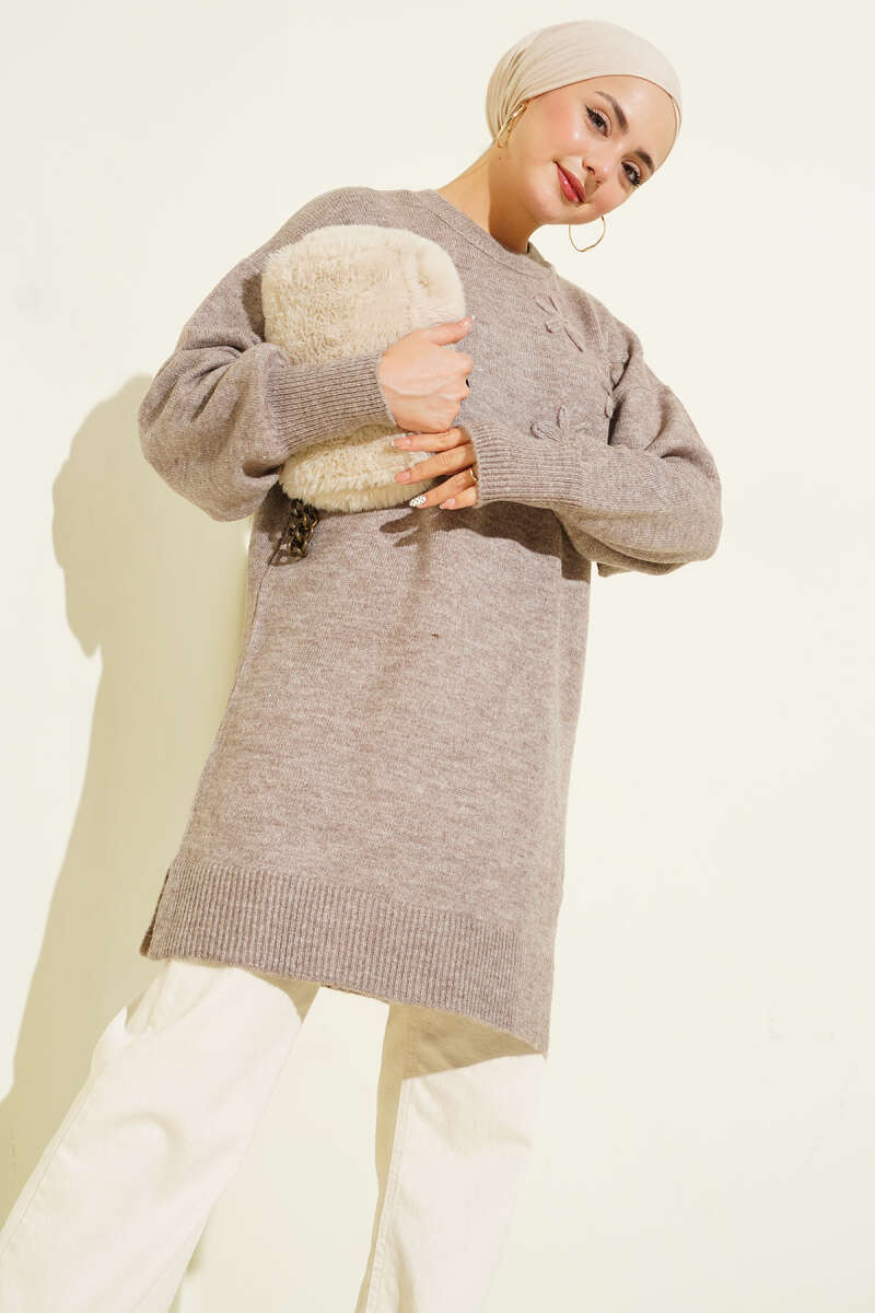 Mink Floral Embroidered Soft Knit Tunic - Chaddors