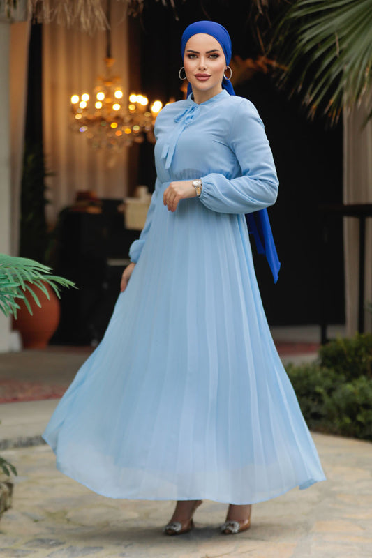 Baby Blue with Tie Collar Turkish Dress