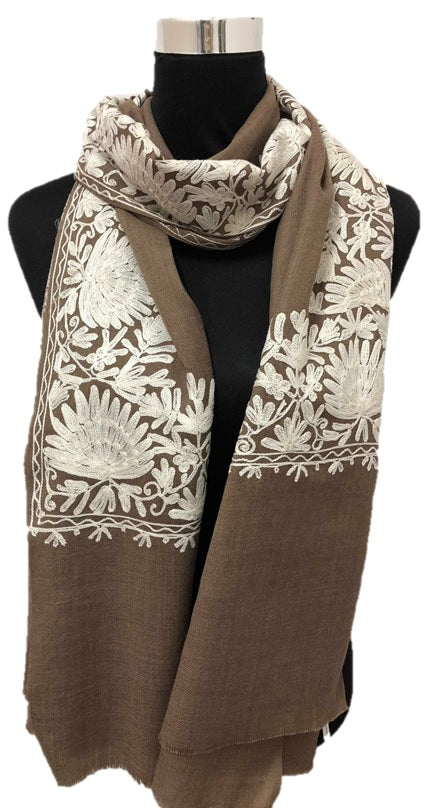 Pure Pashmina D.Beige Aari Embroidered Scarf - Chaddors