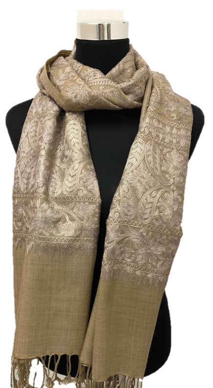 Pure Pashmina Camel Aari Embroidered Scarf - Chaddors