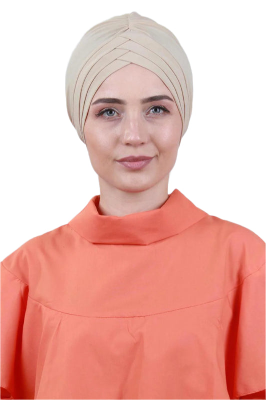 Beige Front Pleats Turbans