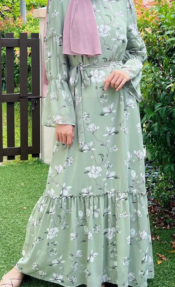 Mint Floral Poet Sleeves Dress