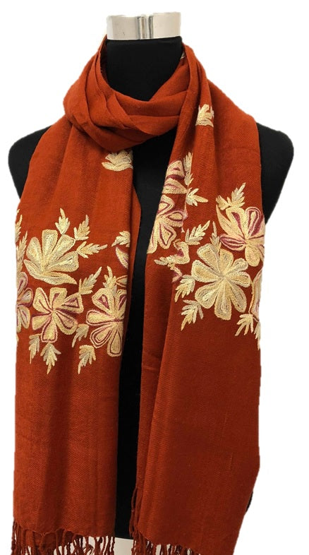 Rust Embroidered Pashmina - Chaddors